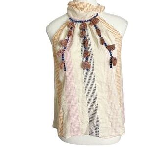 THML Cream and Pink Tassel Halter Top